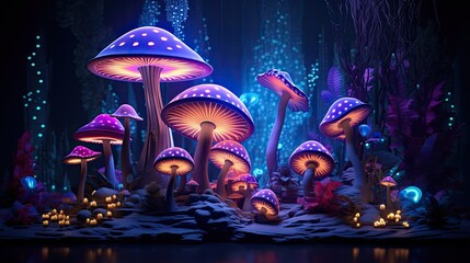 Glowing mushrooms in a dark forest at night. The mushrooms are of various sizes and colors, and they emit a soft, ethereal light. - obrazy, fototapety, plakaty