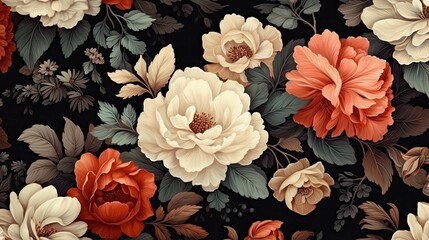 A seamless pattern of vintage flowers. The pattern features a variety of flowers, including roses, peonies, and lilies.