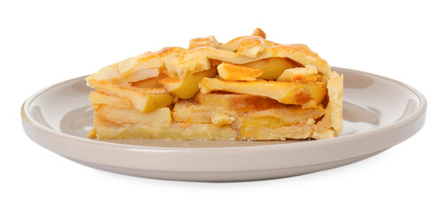 Plate with piece of tasty homemade quince pie isolated on white