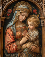 Sacred Art: Oil Painting Depicting the Madonna with Child in an Elegant Classical Style.