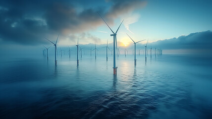 an offshore wind farm at dawn, with towering white wind turbines - obrazy, fototapety, plakaty