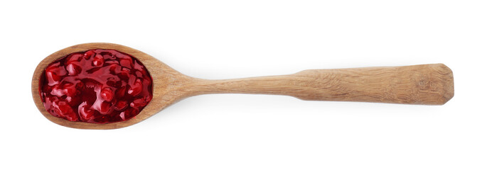 Spoon with fresh cranberry sauce isolated on white, top view