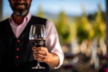 Close up photo of a sommelier holding a glass with a vineyard in the background