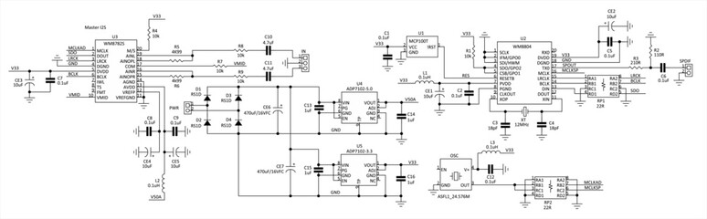 Technical schematic diagram of electronic device.
Vector drawing electrical circuit with controller, 
integrated circuit, capacitor, resistor, coil, diode,
other components.
