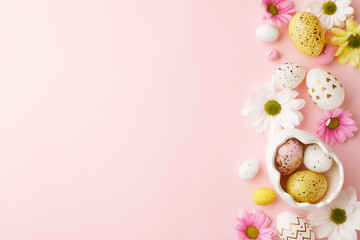Easter freshness: serene pastel moments. Top view shot of easter eggs in an eggshell bowl and white and pink daisies on pastel pink background with space for springtime messages