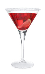 Tasty cranberry cocktail with lime and sugar in glass isolated on white
