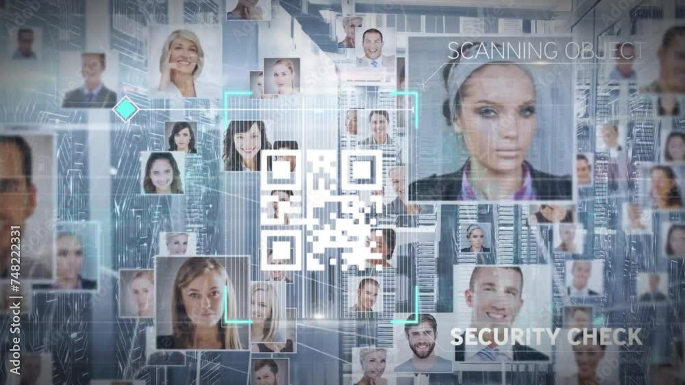 Poster animation of qr code with photos and data processing over computer servers