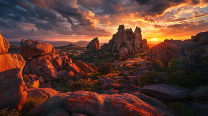  Fiery sunset over rock formations - Powered by Adobe
