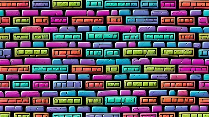 AI generated repeating pattern brightly colored bricks on a black background.