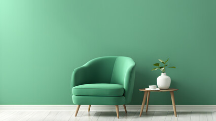 Modern Minimalist Sofa Set with 3D Green Accent Chair. Isolated on Pastel Background, Perfect for Interior Design Concepts, Web Banners, and Advertisements