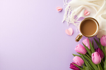 Tribute for March 8th: celebrating Women everywhere. Top view of a coffee cup, colorful tulips and white spring scarf on violet backdrop, ideal for advertisements or heartfelt messages