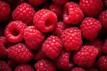 close up top view Fresh ripe vivid red raspberry fruit