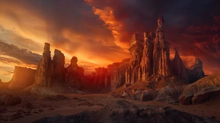 Rolgordijnen  Fiery sunset over rock formations © James
