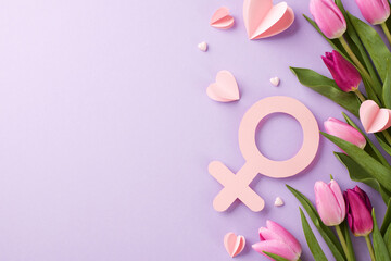 Celebrating women's history month: A tribute in colors and love. Top view shot of pink gender...
