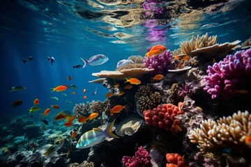 Naklejka na ściany i meble Underwater World. Ocean coral reef underwater. Sea world under water background