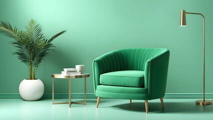 3D Green Accent Chair. Perfect Addition to Modern Minimalist Sofa Set on Pastel Background. Elevate Your Interior Design Concepts for Web Banners, Posters, and Advertisements