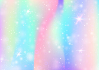 Magic background with rainbow mesh. Girlie universe banner in princess colors. Fantasy gradient backdrop with hologram. Holographic magic background with fairy sparkles, stars and blurs.