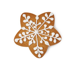 Tasty star shaped Christmas cookie with icing isolated on white, top view