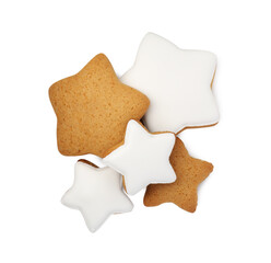 Tasty star shaped Christmas cookies with icing isolated on white, top view