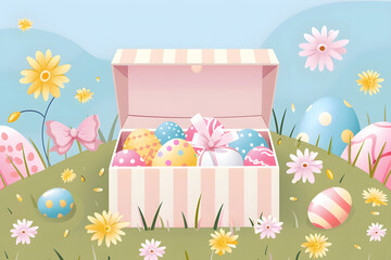 Fototapeta na wymiar Easter day design with open gift box full of decorative festive for Easter.