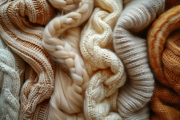Knitted sweaters in neutral beige tones, woolen fabric texture, generative ai