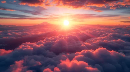 Badkamer foto achterwand Aerial Splendor: Sunset Sky Over Clouds and Mount Fuji  © Creative Valley