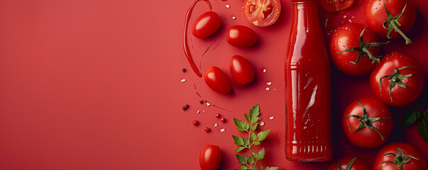 A bottle of ketchup and a tomato on a red background. Popular condiment for burgers and fries. Top...