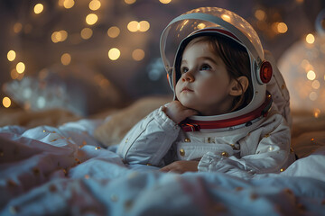 Little child in an astronaut costume and dreaming of becoming a spaceman. - obrazy, fototapety, plakaty