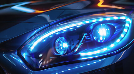 a close-up image of a black car with lights that illuminate it at night, in the style of light blue and indigo