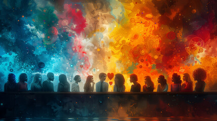 colorful characters from diverse backgrounds come together around a round table.