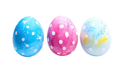 Three Colorful Painted Eggs in a Row on a White Background, cut out Easter symbol