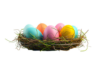 Obraz premium Bird Nest Filled With Colored Eggs on White Background, cut out Easter symbol