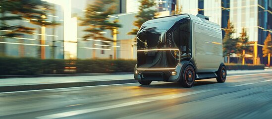 futuristic electric logistics company van driving down the road