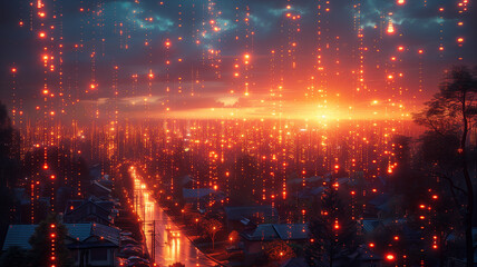 An evening scene in a residential area with a warm glow from homes