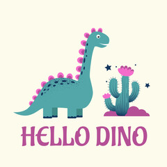 Cute dinosaur and cactus on a light background. Vector illustration