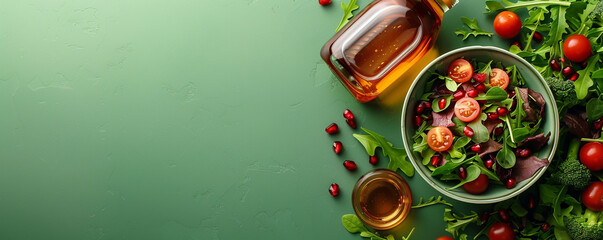 A bottle of vinegar and a salad bowl on a green background. Acidic and flavorful dressing for salads or marinades. Top view space to copy.