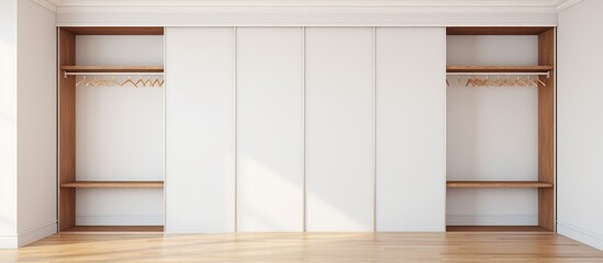 An interior view of a modern empty room featuring white walls and wooden shelves. The room is clean and simple, with a focus on the sleek design of the shelves against the neutral backdrop.