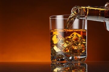 Pouring whiskey from bottle into glass at table against color background, space for text