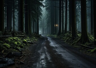 Fototapeta premium A dark road stretches through the dense forest, surrounded by towering trees under a shadowy canopy