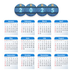 Blue English calendar for 2025 with circle cut jeans tags.Business, presentations, stationary, diary uses. Sundays first. Vector illustration