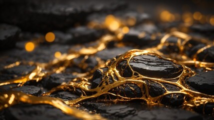 Abstract stone of molten gold veins flowing through dark