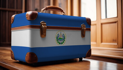 Old suitcase with flag of El Salvador on wooden background.