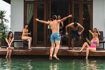 happy friend group having holiday party together at swimming pool water, man person and woman smiling fun in swimwear bikini in summer vacation, young friendship enjoyment to swim in outdoor lifestyle