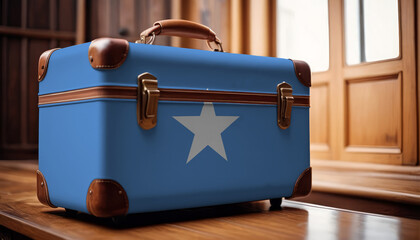 Old suitcase with flag of Somalia on wooden background.