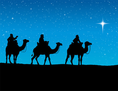 Three Wise kings following Star of Bethlehem. Vector illustration