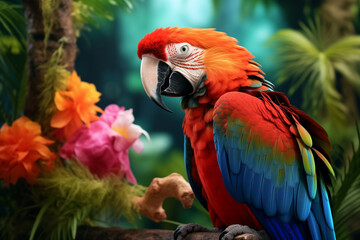Beautiful colourful parrot over tropical background