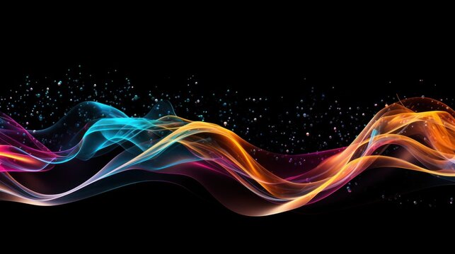 Blue, purple and orange abstract smoke wave with colorful sparklings on black background with copy space banner.
