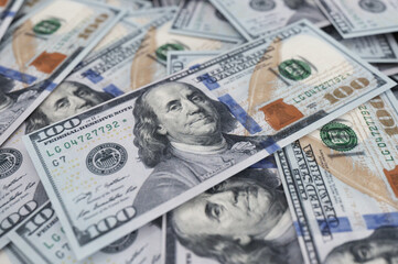 A hunderd new dollars 3d illustration. Cash of hundred dollar bills. A pile of one hundred US banknotes with president portraits.