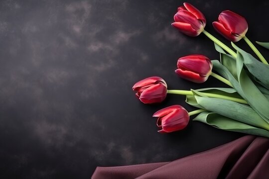 Elegant red tulips on soft black background with copy space. Women's Day or Mother's Day concept.