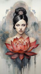 A painting of a woman with jet black hair, her hair tied high, her shoulders bare, and in the middle a red lotus flower stands out.